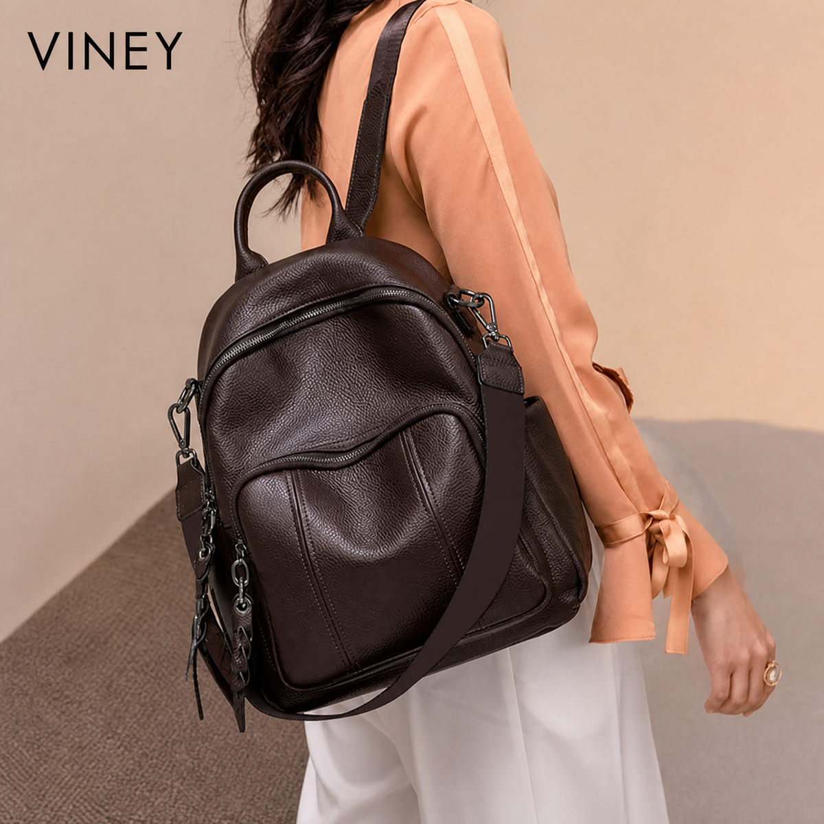 VINEY Everyday Genuine Leather Large Capacity Lightweight Backpack lifestyle view