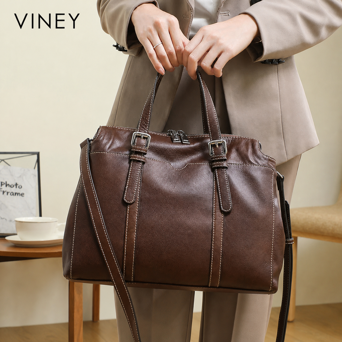 VINEY Genuine Leather Large Capacity Vintage Convertible Tote Bag product image 2