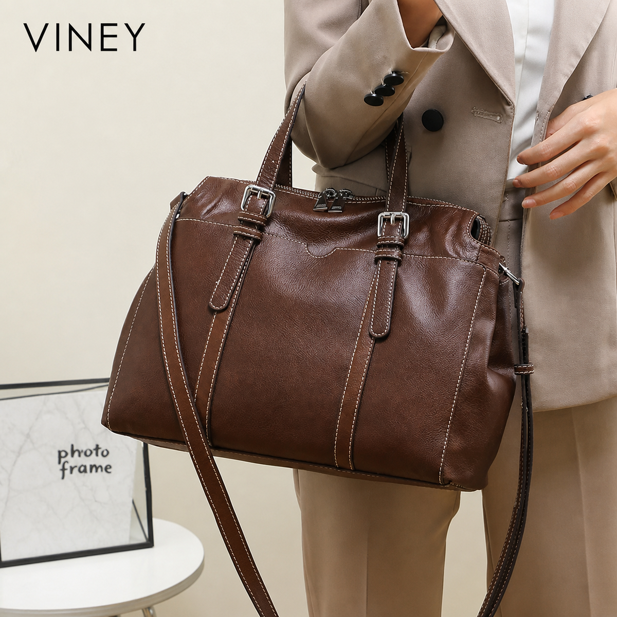 VINEY Genuine Leather Large Capacity Vintage Convertible Tote Bag lifestyle view