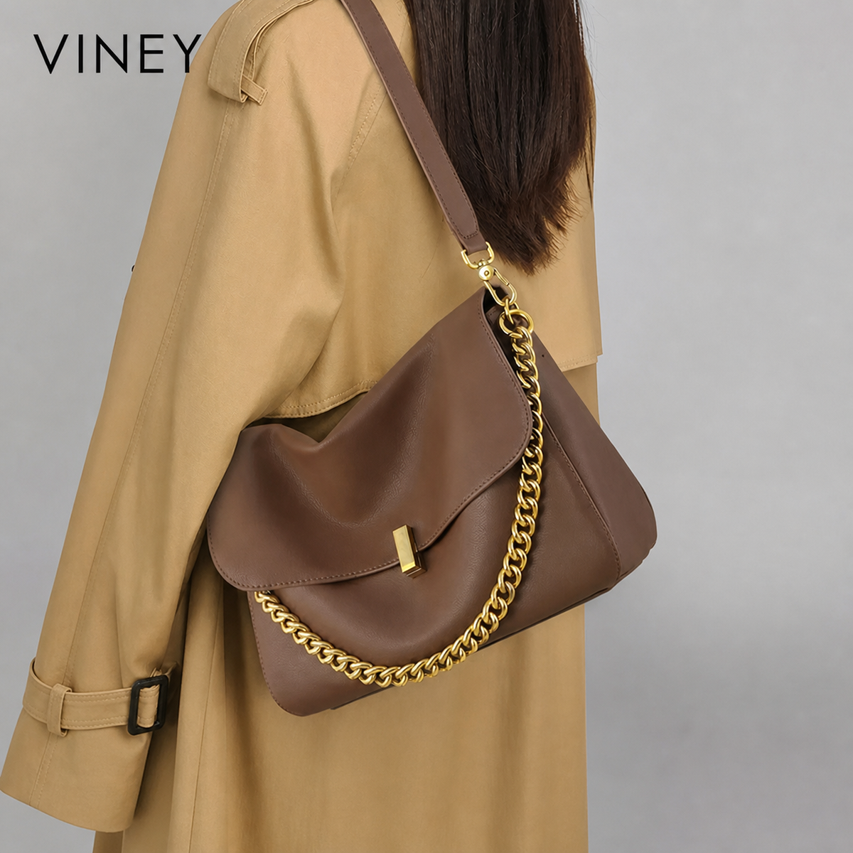 VINEY Everyday Genuine Leather Large Capacity Chain-Strap Tote Bag lifestyle view