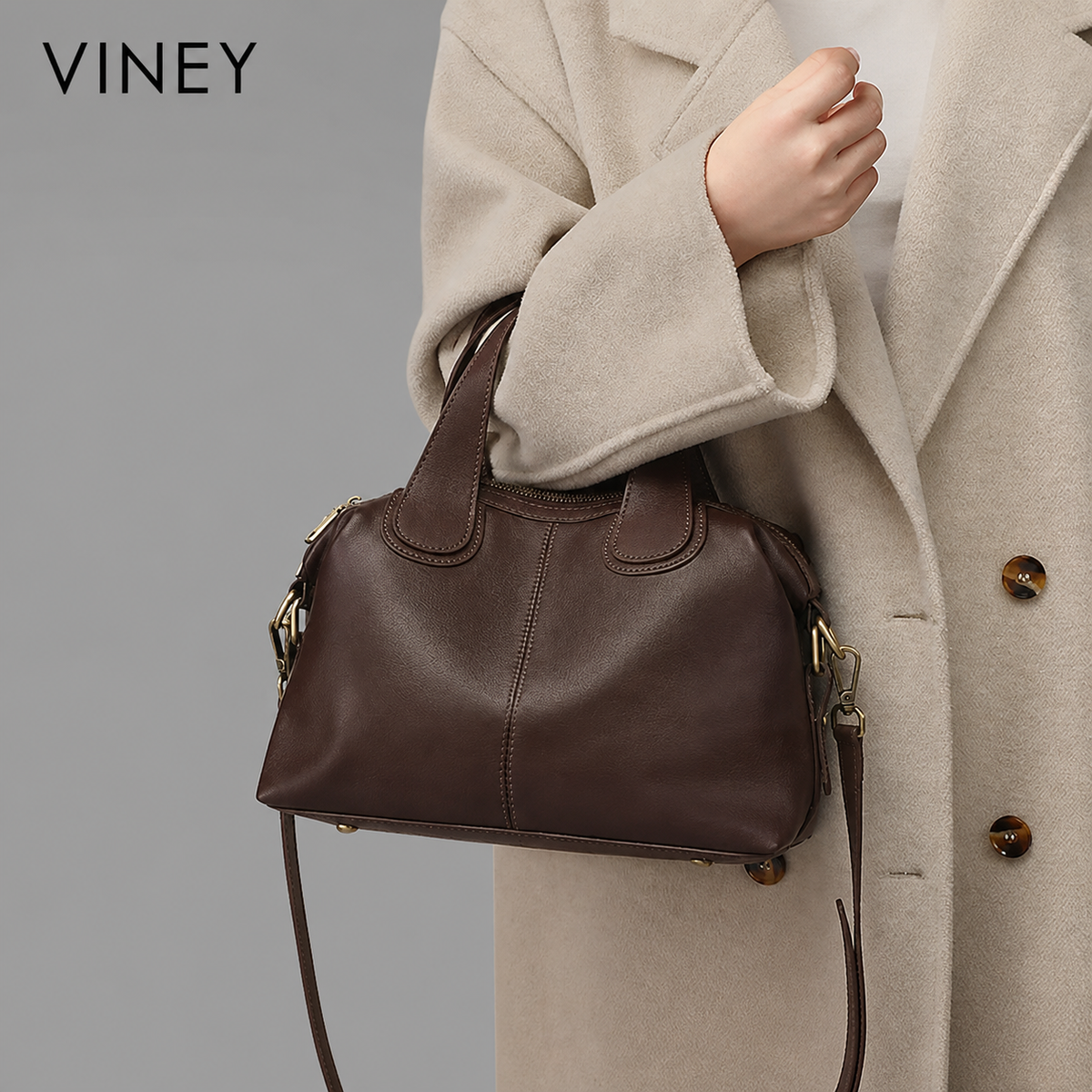 VINEY Genuine Leather Large Capacity Convertible Boston Bag — English product image 2