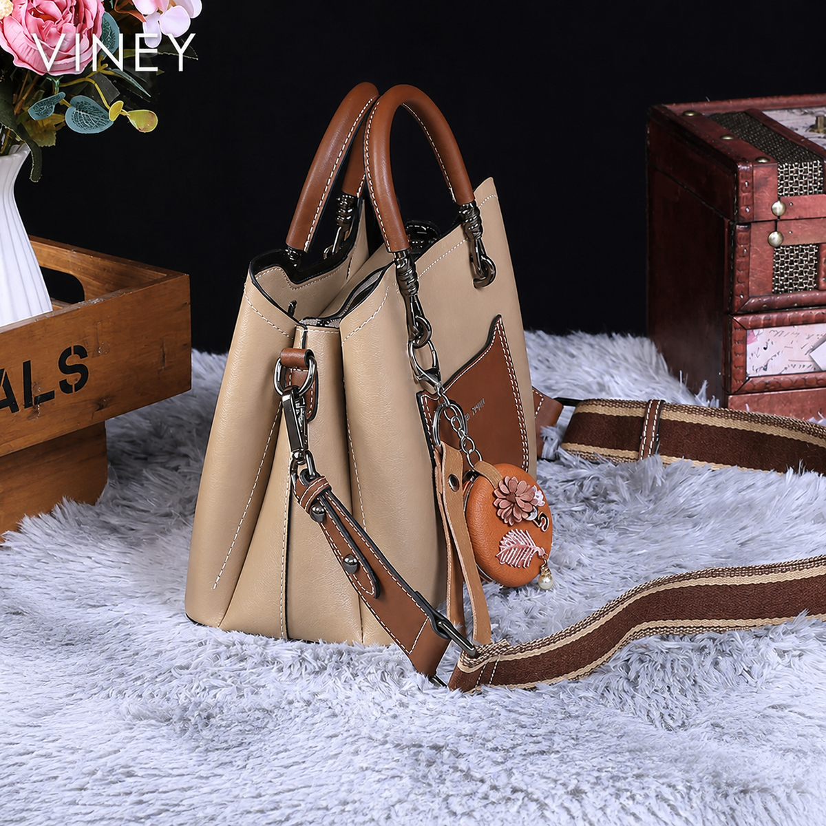 VINEY Genuine Leather Convertible Bucket Bag — English product image 2