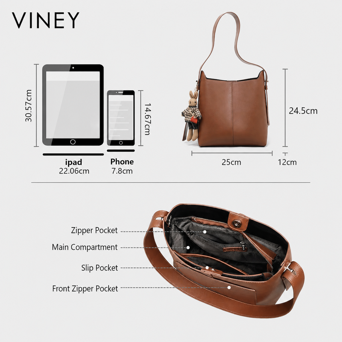 VINEY Everyday Genuine Leather Large Capacity Lightweight Bucket Bag — English product image 5