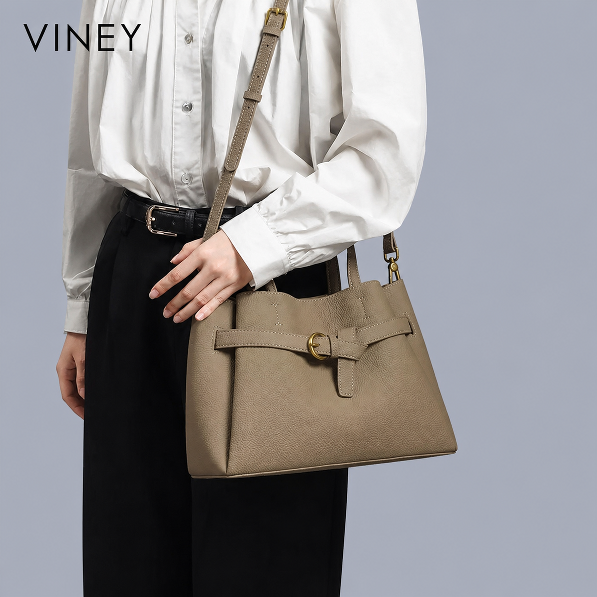 VINEY Classic Genuine Leather Large Capacity Convertible Bucket Bag — English product image 2