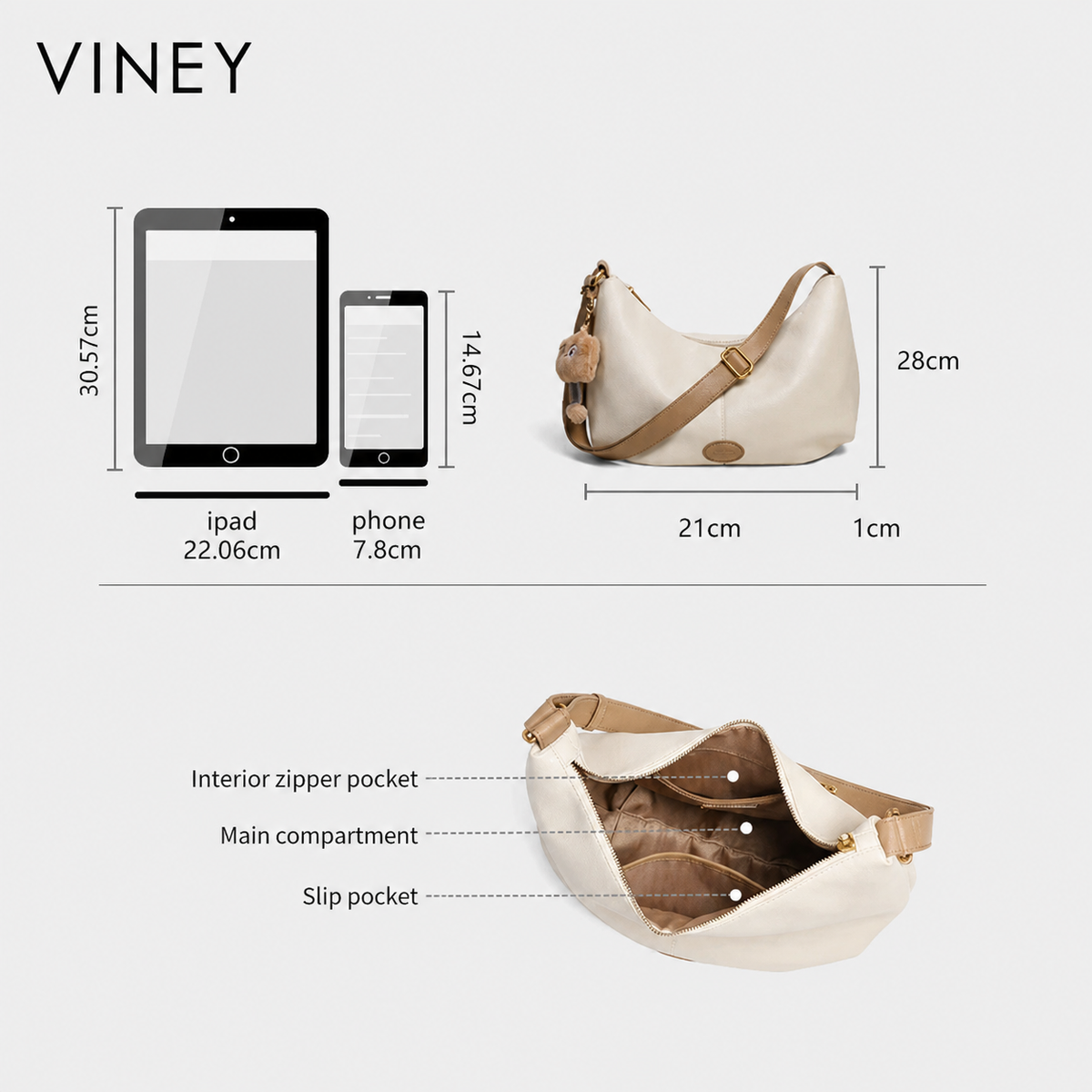 VINEY Genuine Leather Large Capacity Crescent Cloud Tote Bag — English product image 5
