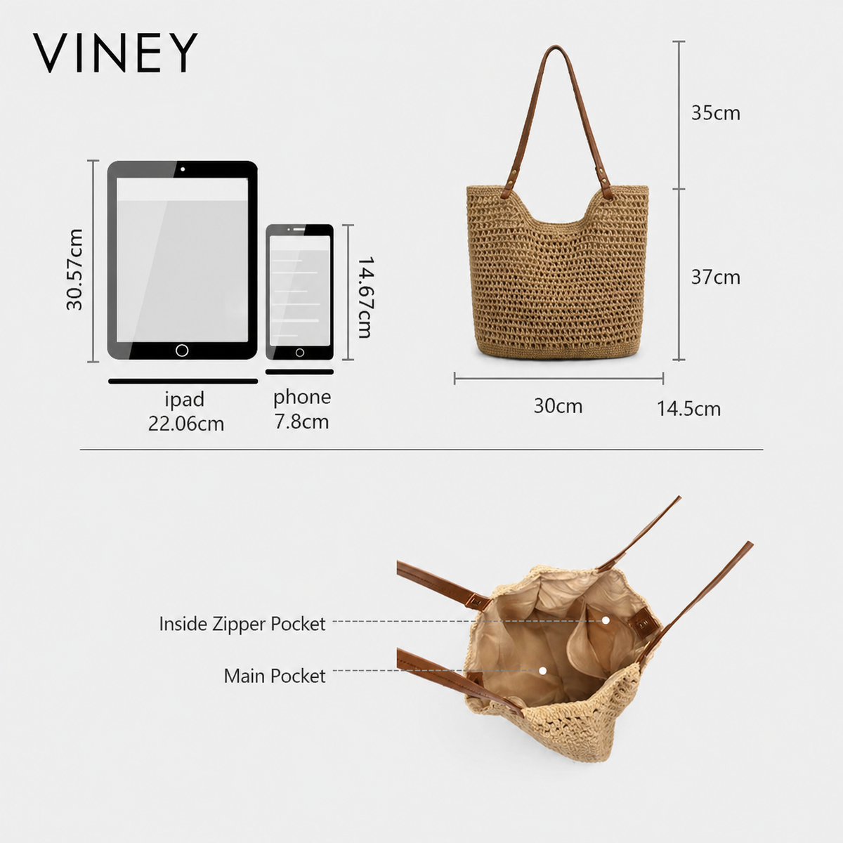 VINEY Everyday Woven Straw Beach Large Capacity Tote Bag — English product image 10