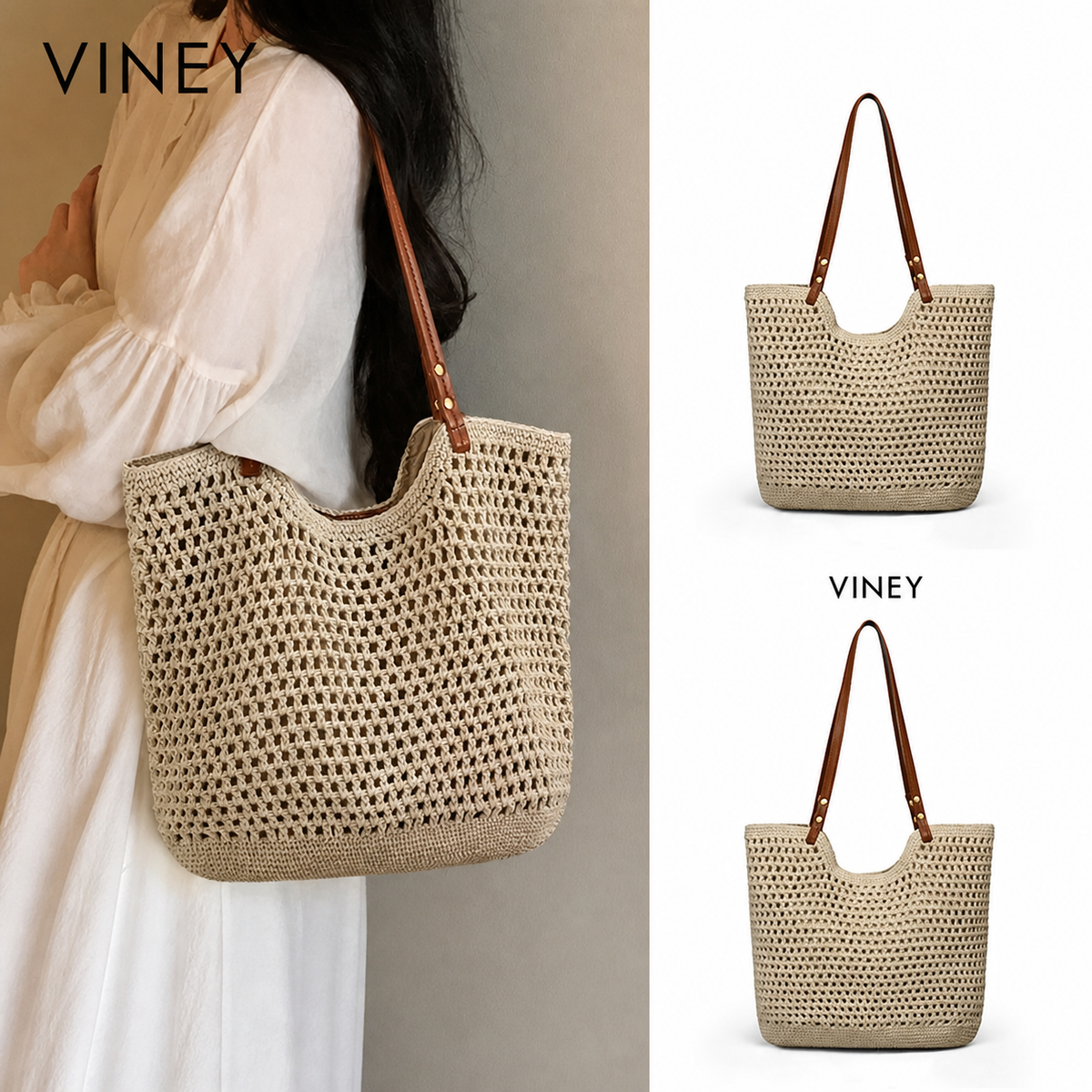VINEY Everyday Woven Straw Beach Large Capacity Tote Bag — English product image 11