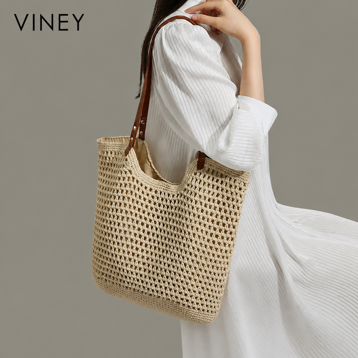 VINEY Everyday Woven Straw Beach Large Capacity Tote Bag — English product image 2