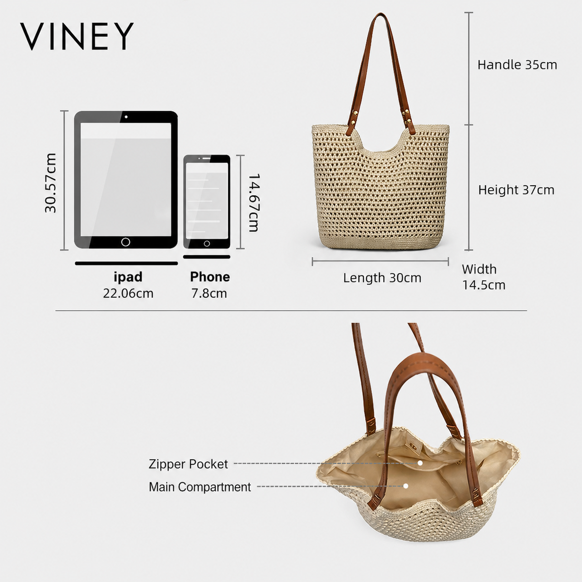 VINEY Everyday Woven Straw Beach Large Capacity Tote Bag — English product image 5