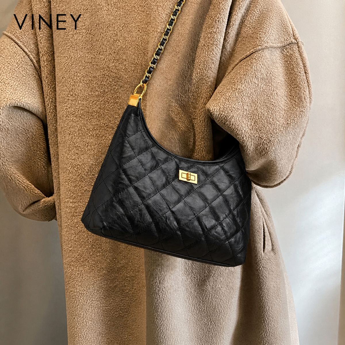 VINEY Genuine Leather Quilted Chain-Strap Convertible Tote Bag product image 1