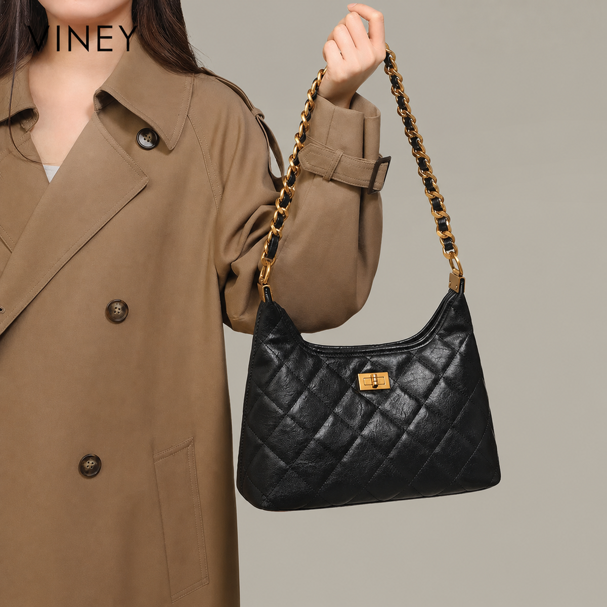 VINEY Genuine Leather Quilted Chain-Strap Convertible Tote Bag product image 2