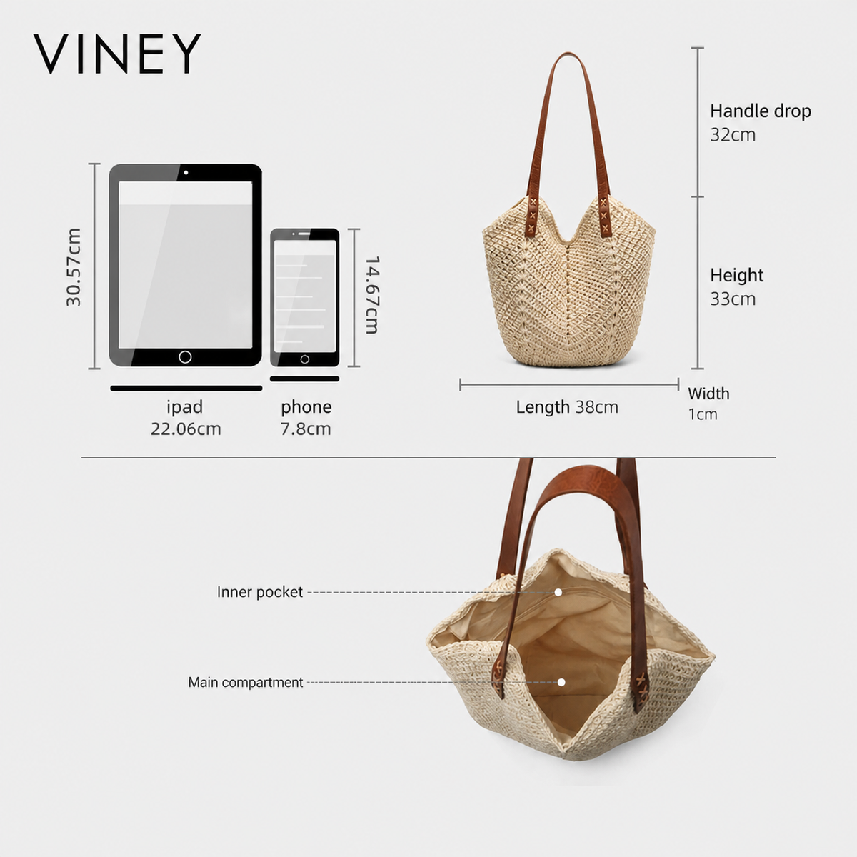 VINEY City Woven Straw Beach Large Capacity Convertible Tote Bag — English product image 10