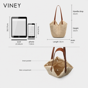 VINEY City Woven Straw Beach Large Capacity Convertible Tote Bag — English product image 10