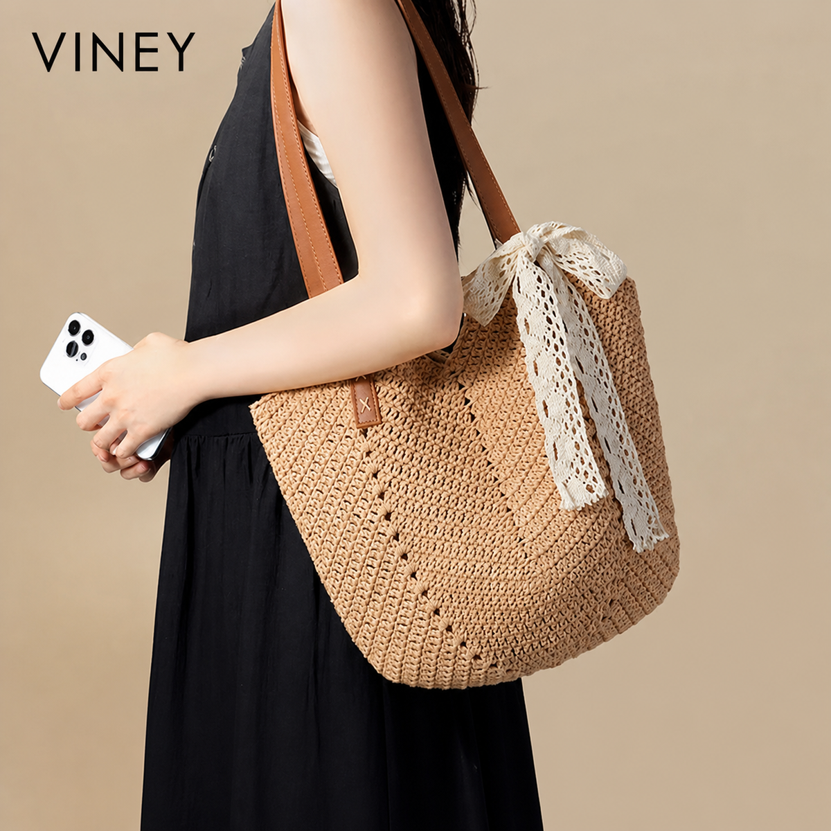 VINEY City Woven Straw Beach Large Capacity Convertible Tote Bag — English product image 7