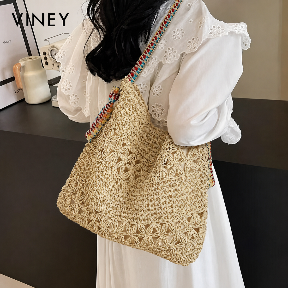 VINEY Weekend Woven Straw Beach Large Capacity Tote Bag product image 1