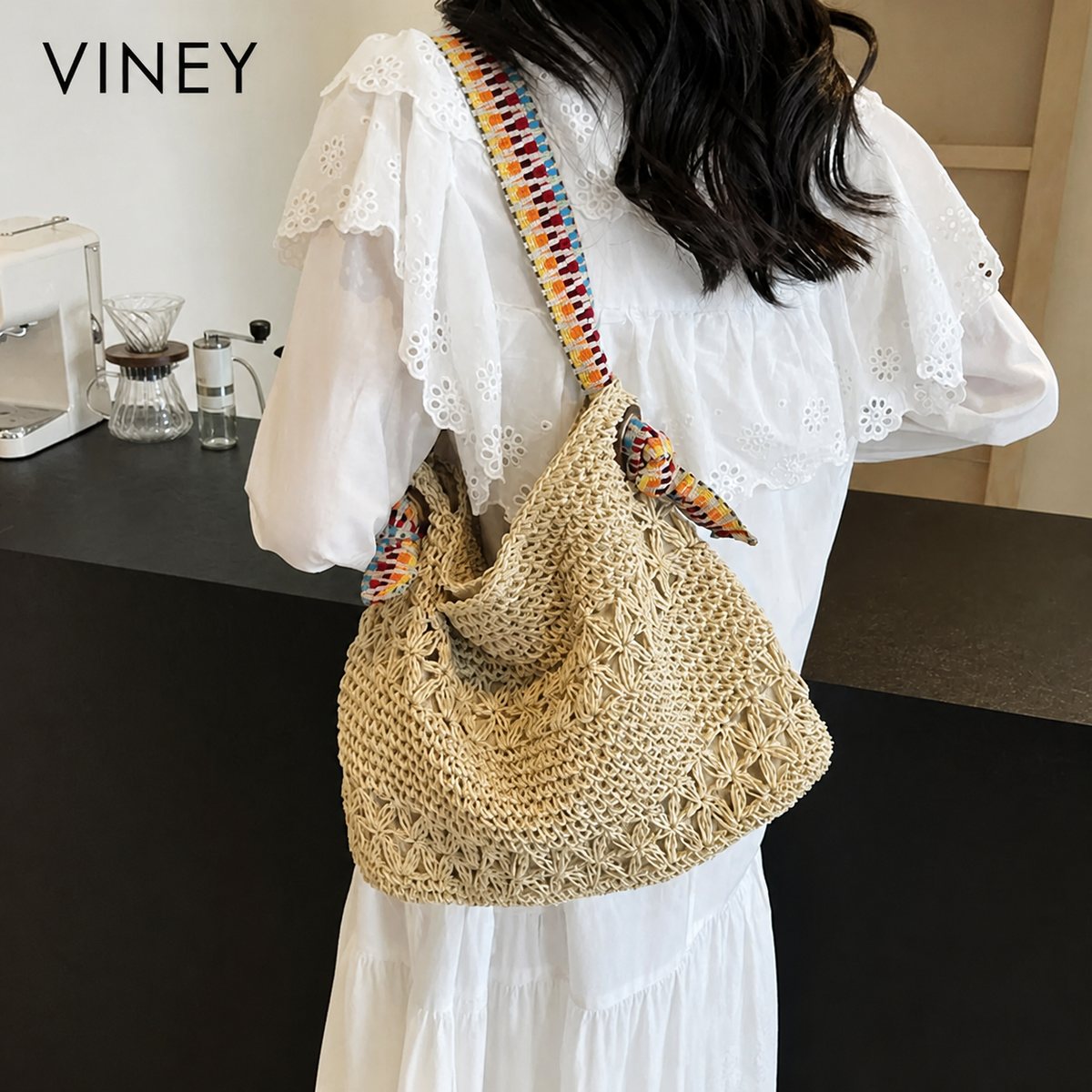 VINEY Weekend Woven Straw Beach Large Capacity Tote Bag product image 7