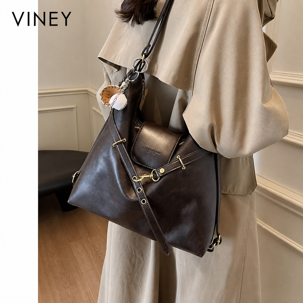 VINEY Genuine Leather Large Capacity Convertible Backpack — English product image 2