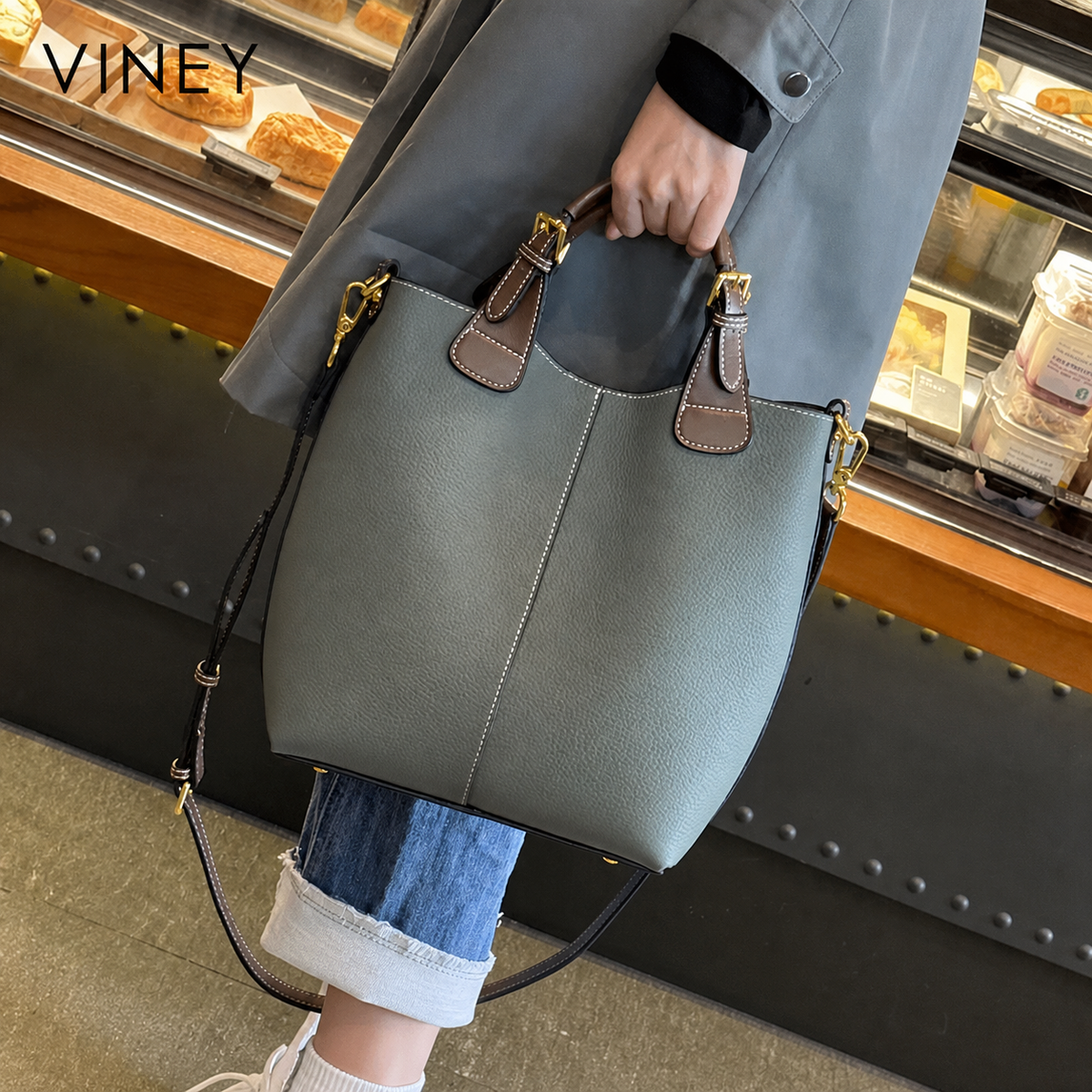 VINEY Everyday Genuine Leather Large Capacity Basket Convertible Bucket Bag — English product image 1