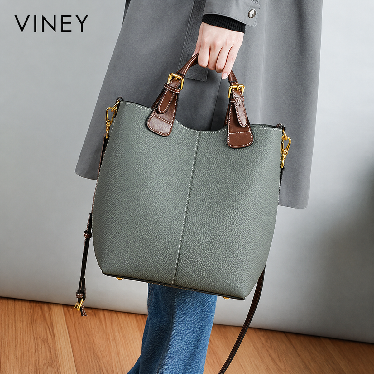 VINEY Everyday Genuine Leather Large Capacity Basket Convertible Bucket Bag — English product image 2