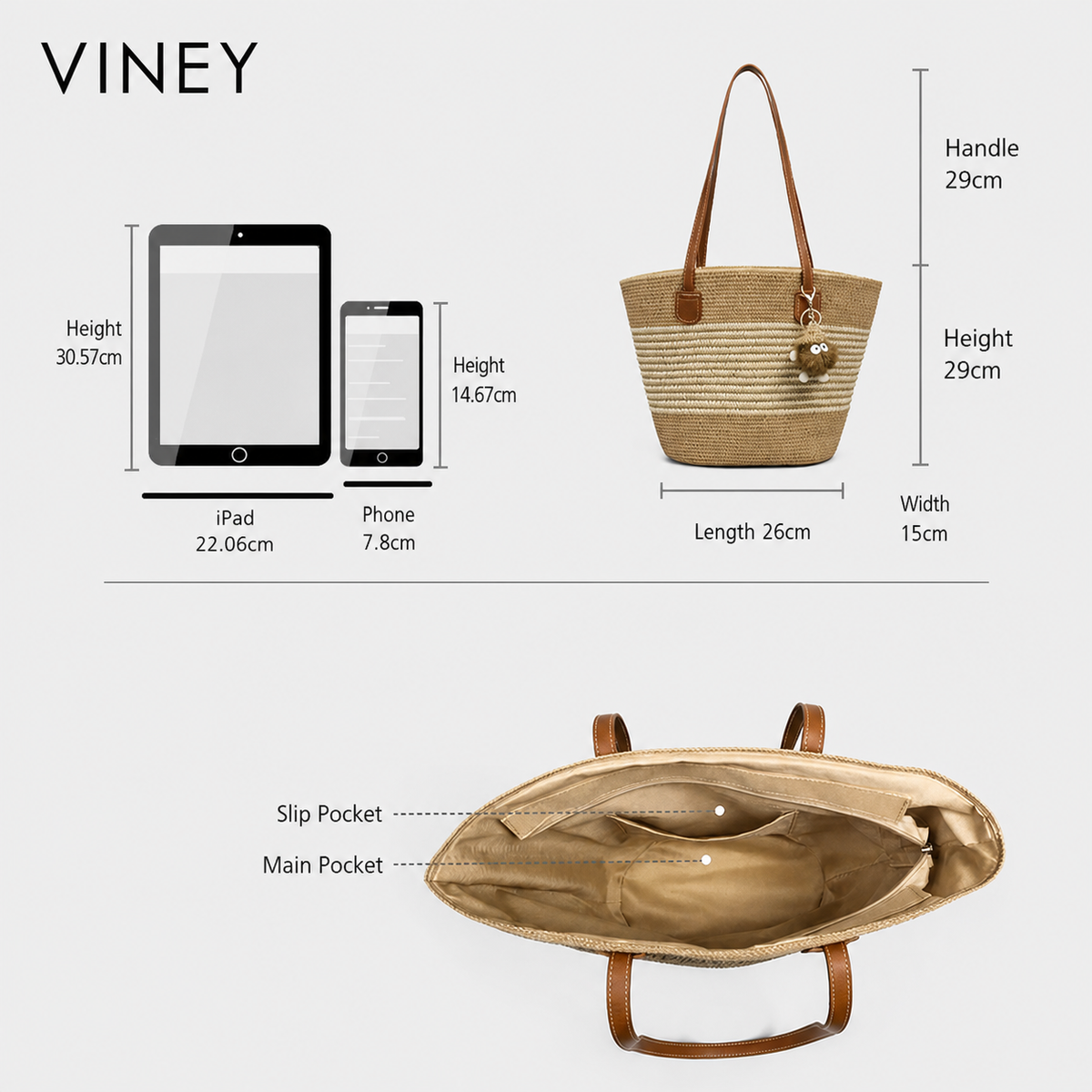 VINEY Everyday Woven Straw Beach Large Capacity Convertible Tote Bag — English product image 5