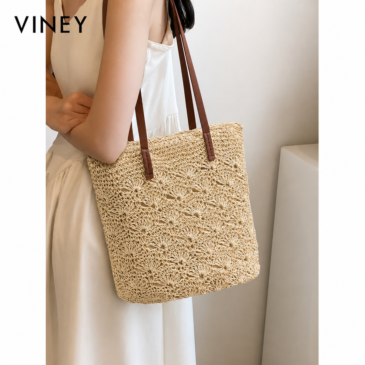 VINEY City Woven Straw Beach Large Capacity Tote Bag — English product image 1