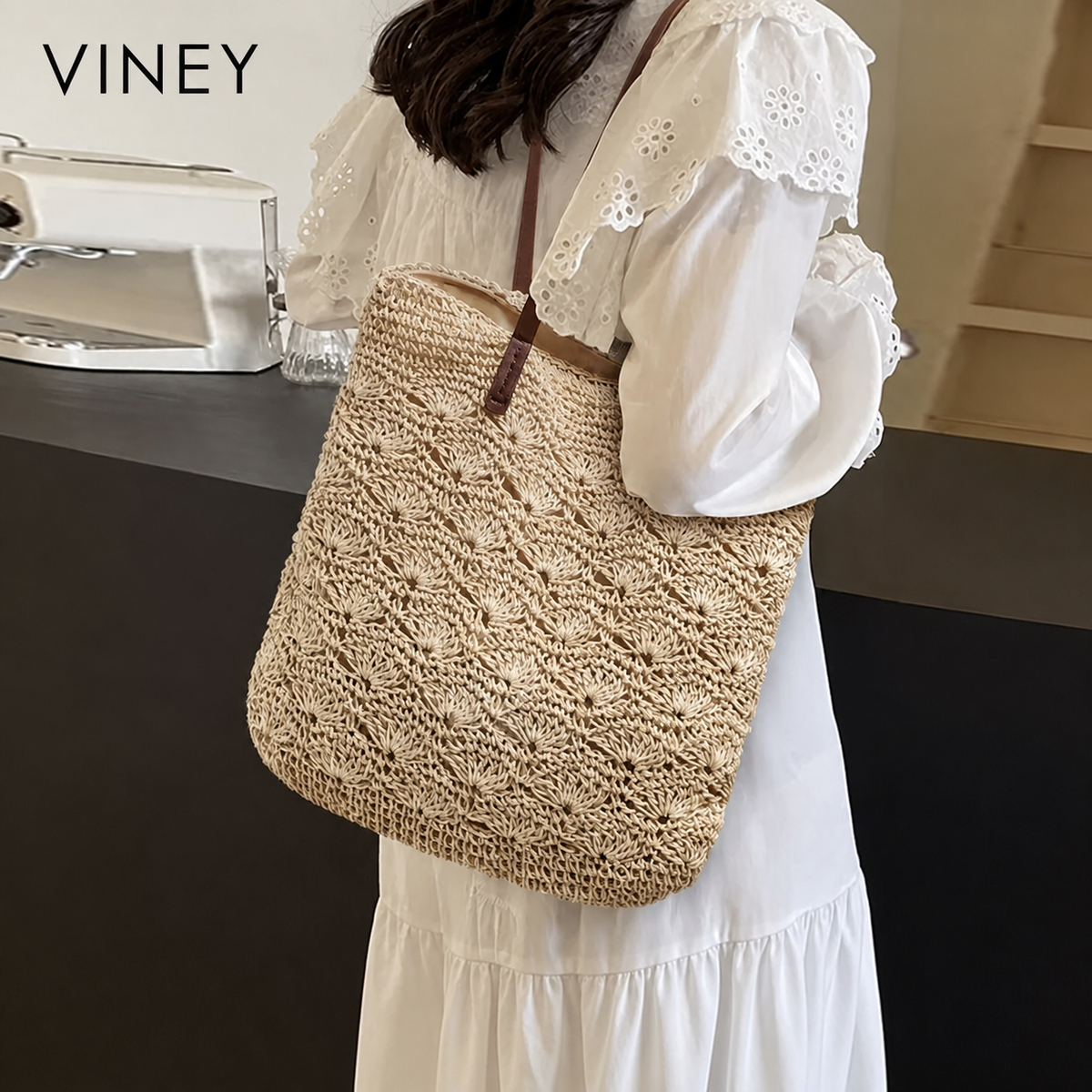 VINEY City Woven Straw Beach Large Capacity Tote Bag — English product image 2
