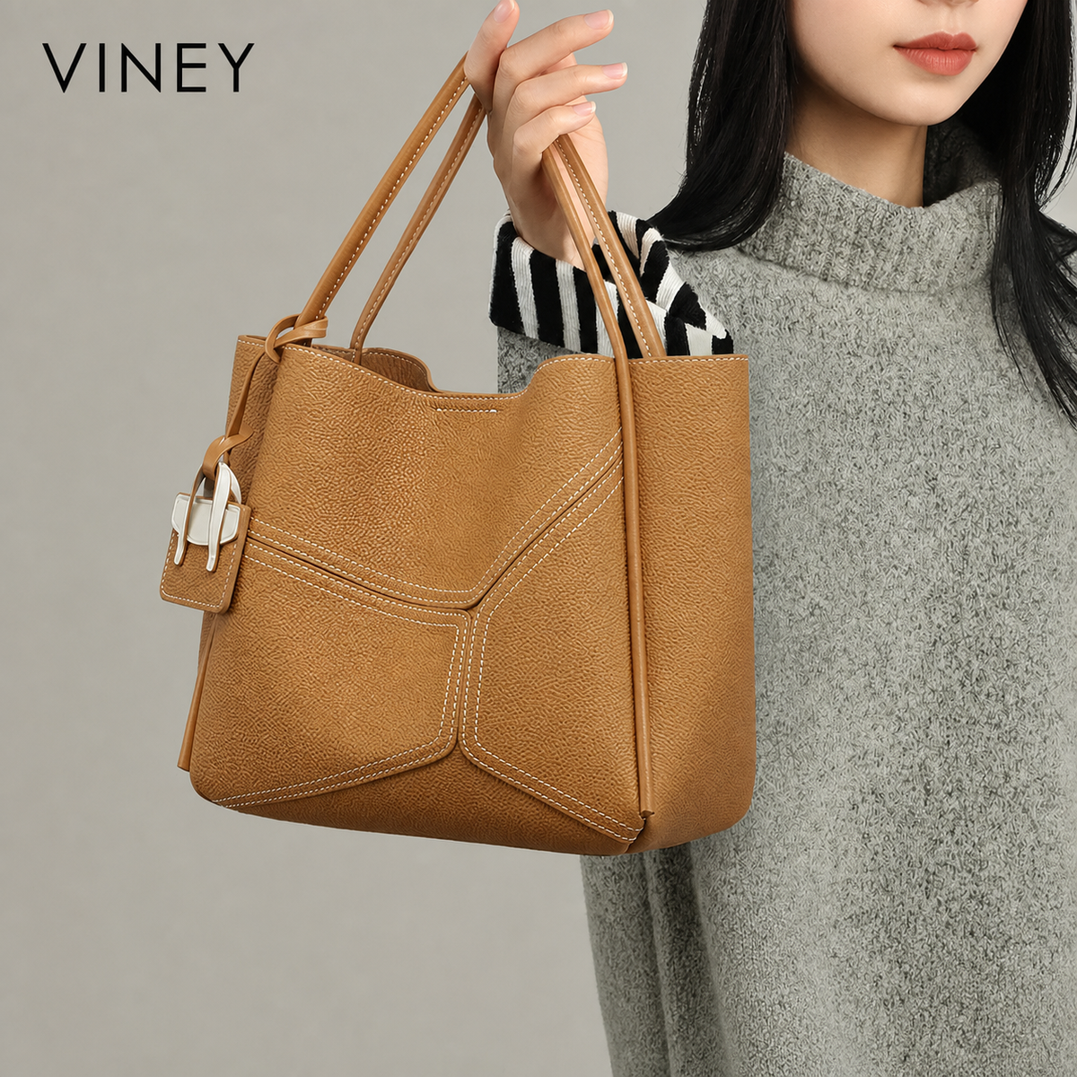 VINEY City Genuine Leather Large Capacity Convertible Bucket Bag — English product image 1