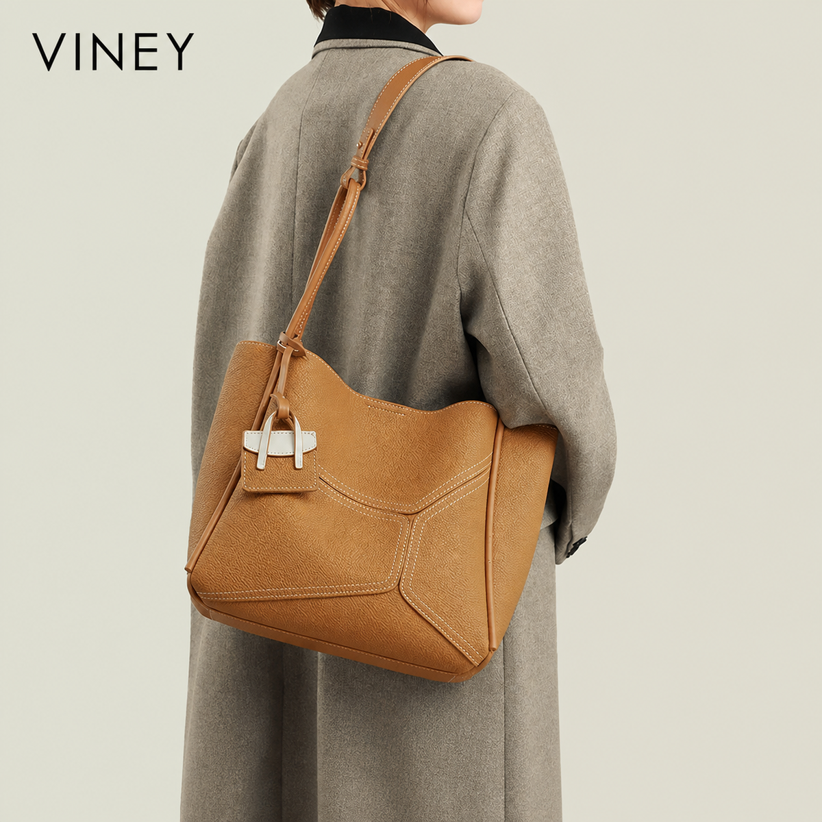 VINEY City Genuine Leather Large Capacity Convertible Bucket Bag — English product image 2