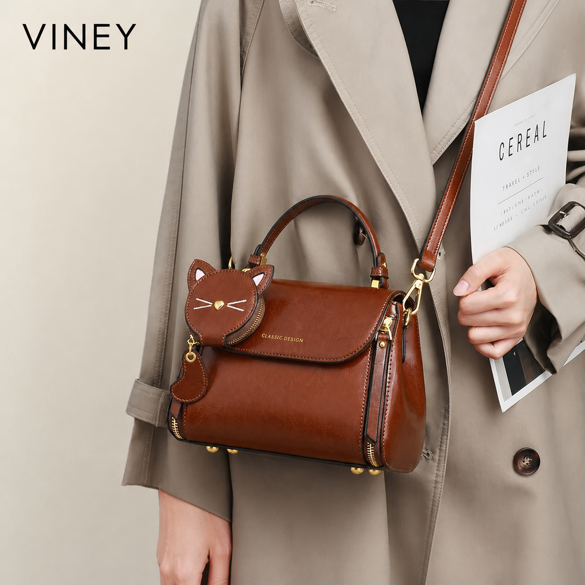VINEY Essential Genuine Leather Convertible Top-Handle Bag — English product image 2