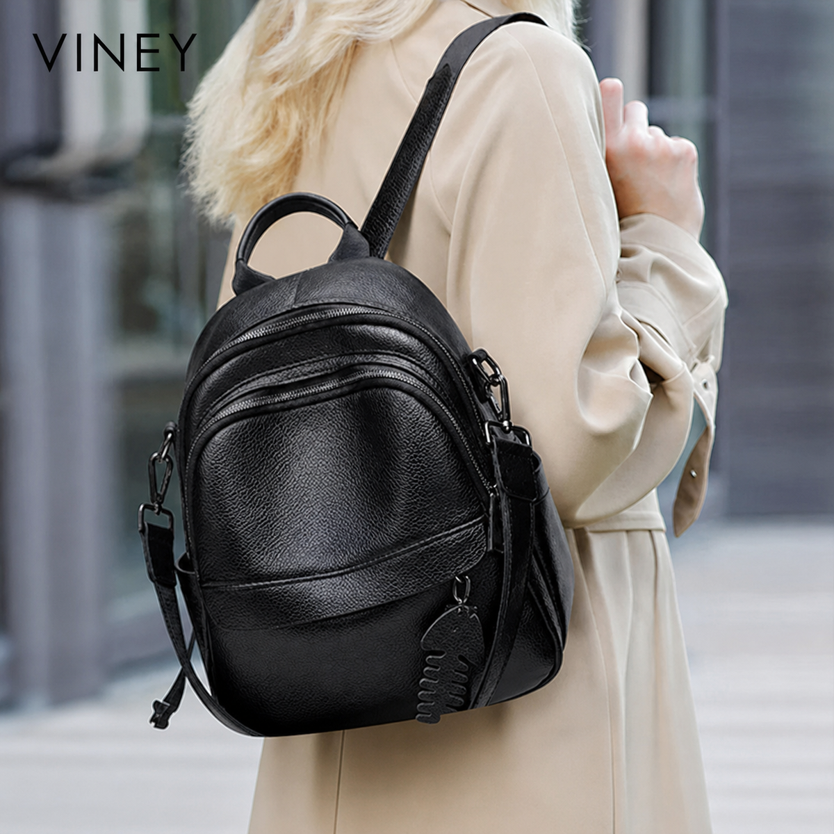 VINEY City Genuine Leather Large Capacity Backpack — English product image 2
