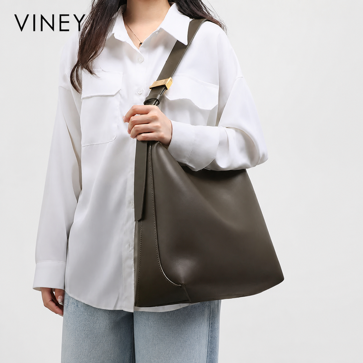 VINEY Genuine Leather Large Capacity 2-Piece Bucket Bag — English product image 2