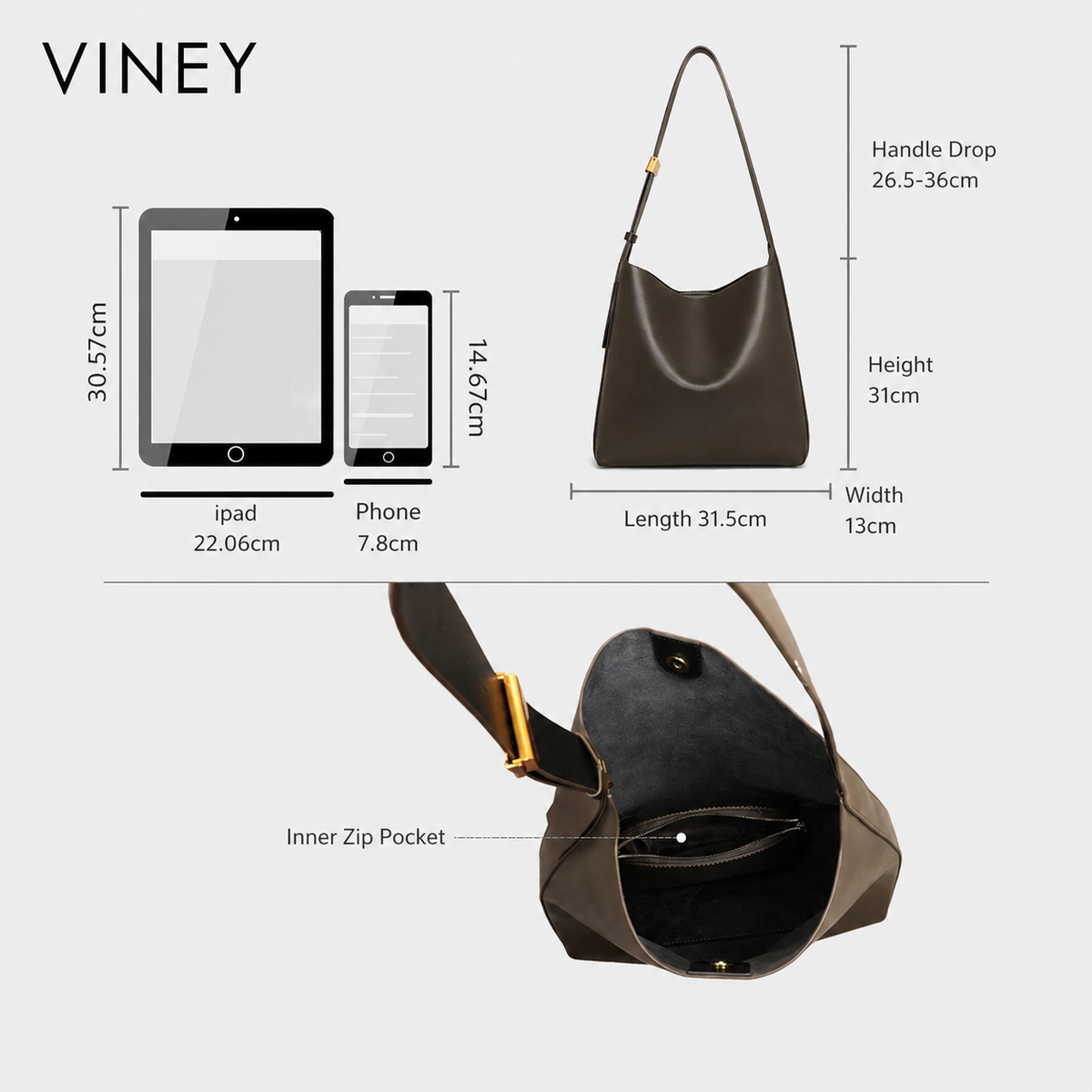 VINEY Genuine Leather Large Capacity 2-Piece Bucket Bag — English product image 5