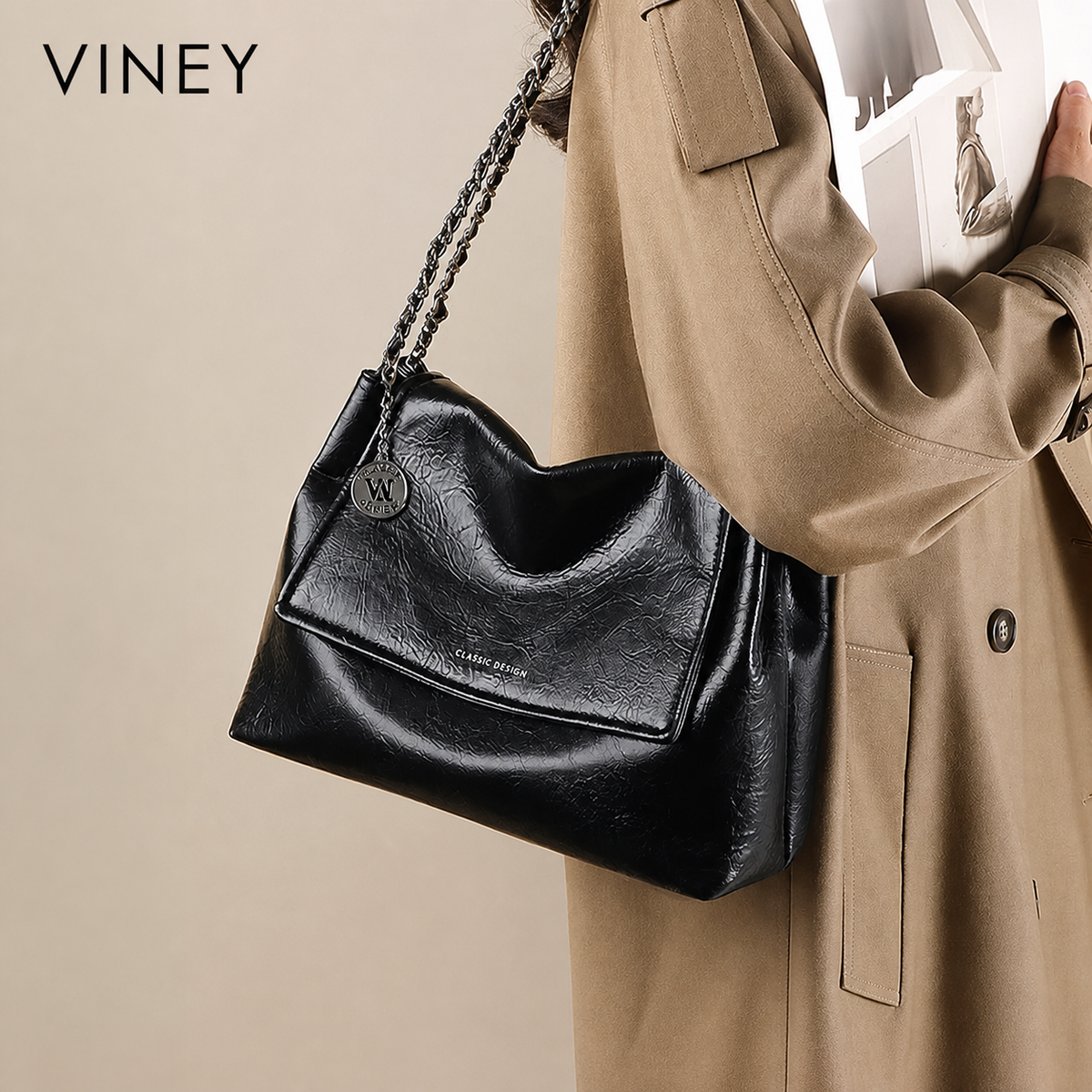 VINEY Urban Genuine Leather Large Capacity Chain-Strap Tote Bag product image 1
