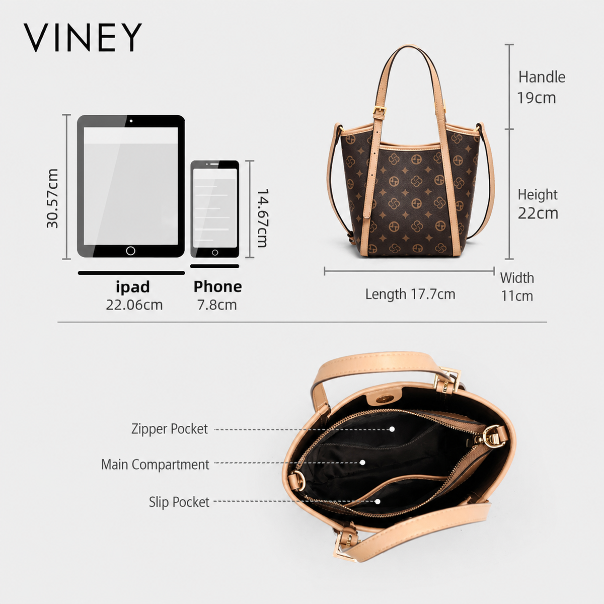 VINEY Basket Convertible Tote Bag dimensions and interior