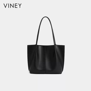 VINEY Black Leather Tote and Pouch Set in black, front view
