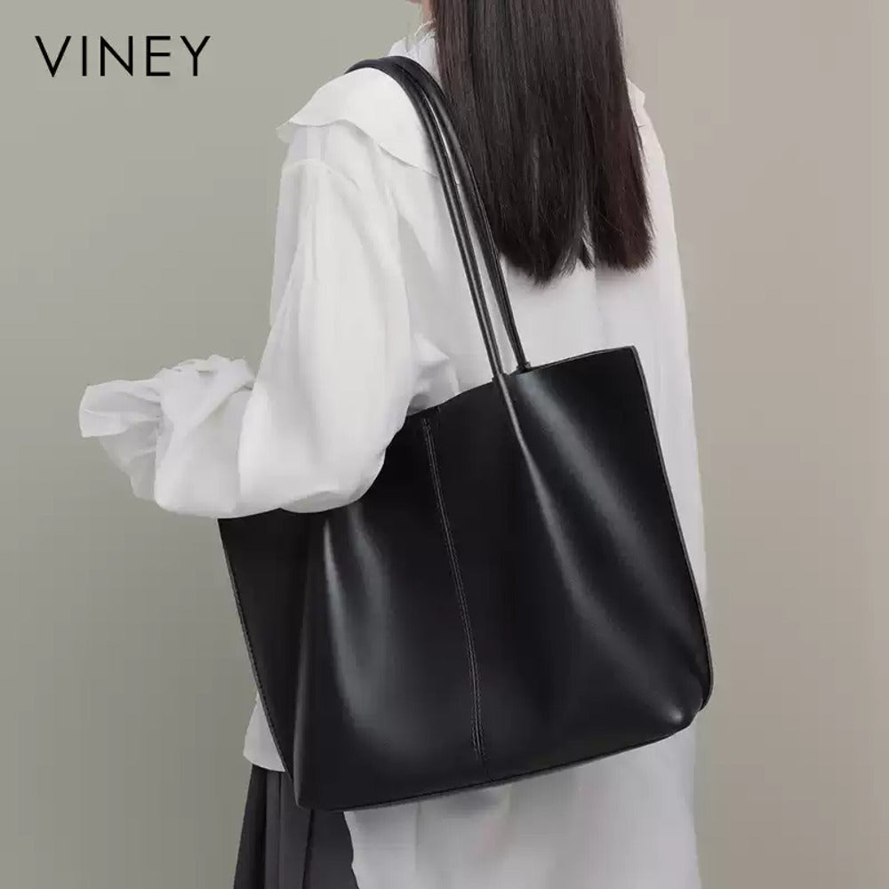VINEY Black Leather Tote and Pouch Set in black, lifestyle view