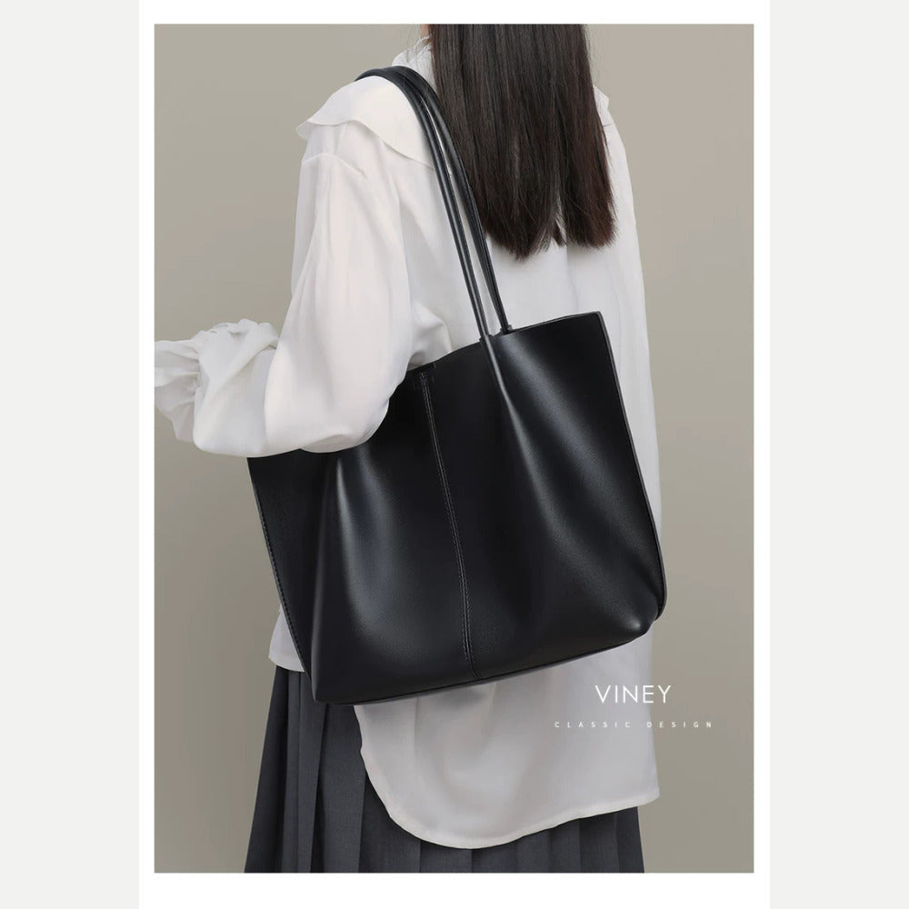 VINEY Black Leather Tote and Pouch Set in black, shoulder carry