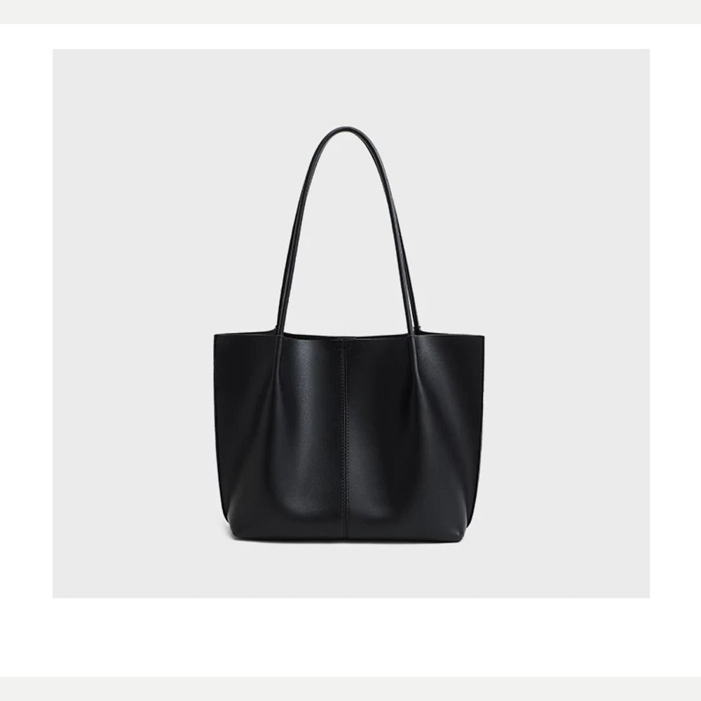 VINEY Black Leather Tote and Pouch Set in black, profile