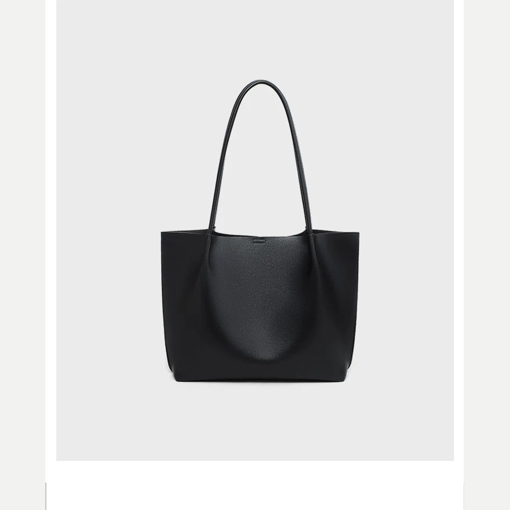 VINEY Black Leather Tote and Pouch Set in black, front detail