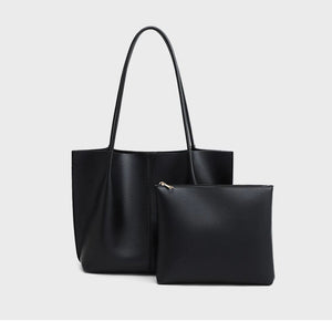VINEY Black Leather Tote and Pouch Set in black, pouch set