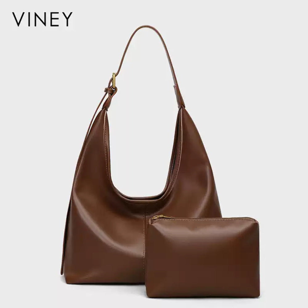 VINEY Brown Leather Hobo Tote and Pouch Set in brown