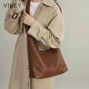 VINEY Brown Leather Hobo Tote and Pouch Set in brown, shoulder carry
