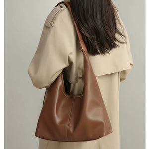 VINEY Brown Leather Hobo Tote and Pouch Set in brown, back carry