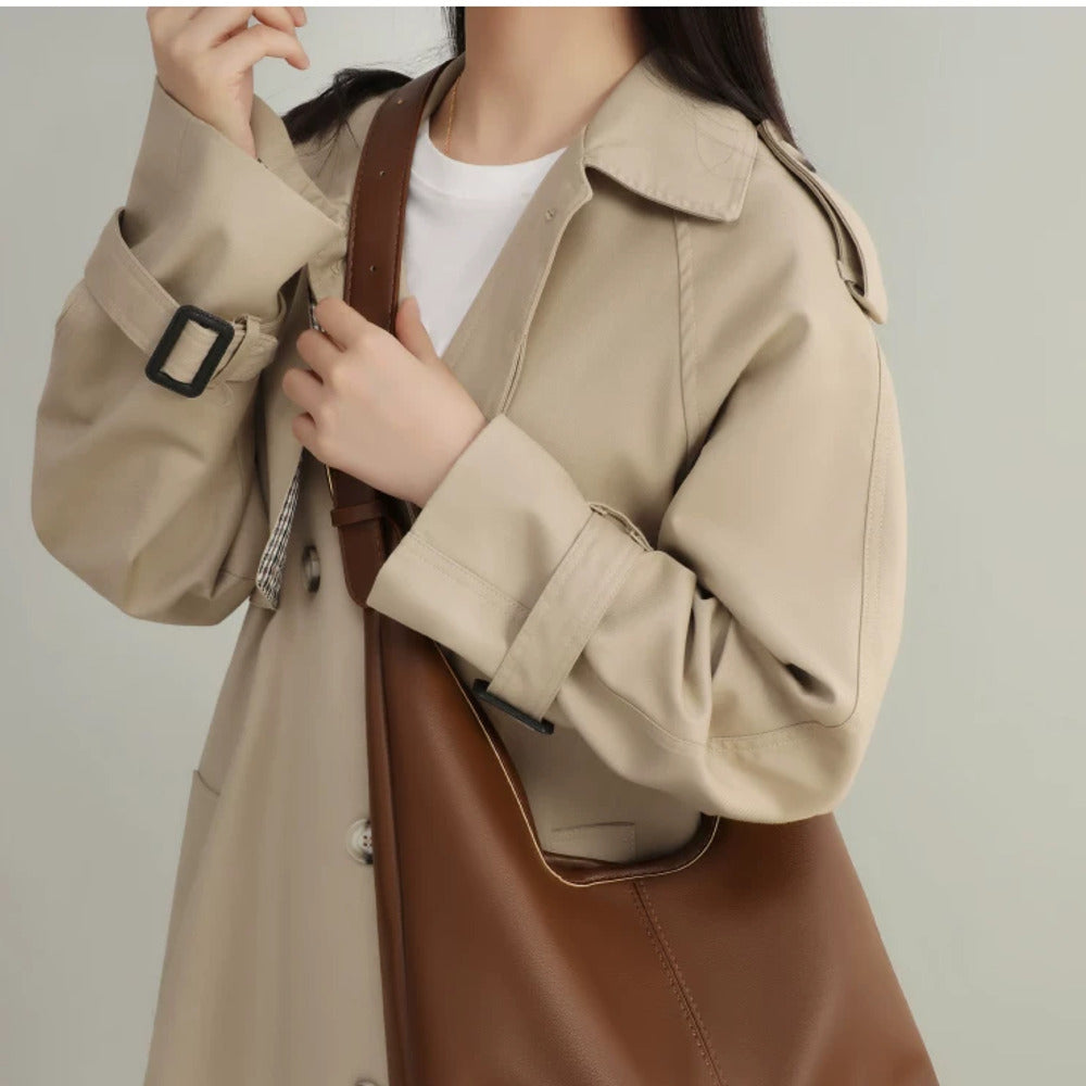 VINEY Brown Leather Hobo Tote and Pouch Set in brown, front carry