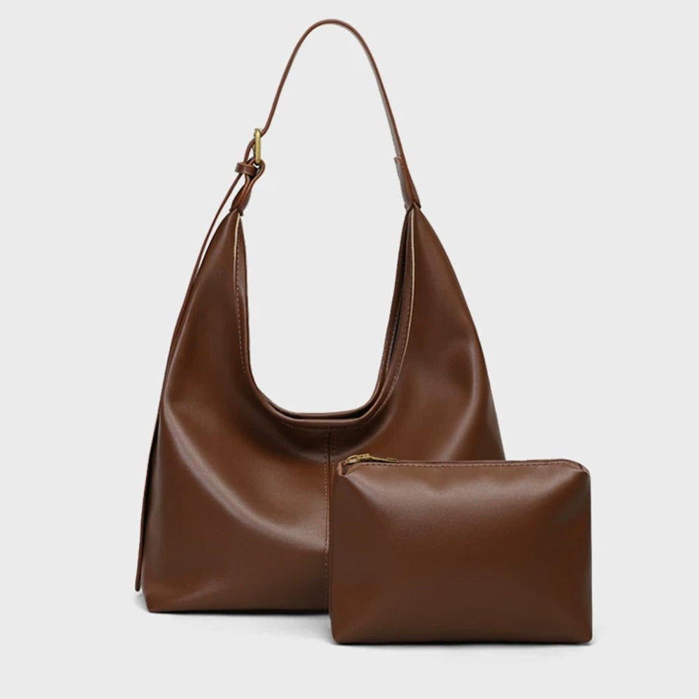 VINEY Brown Leather Hobo Tote and Pouch Set in brown, pouch set