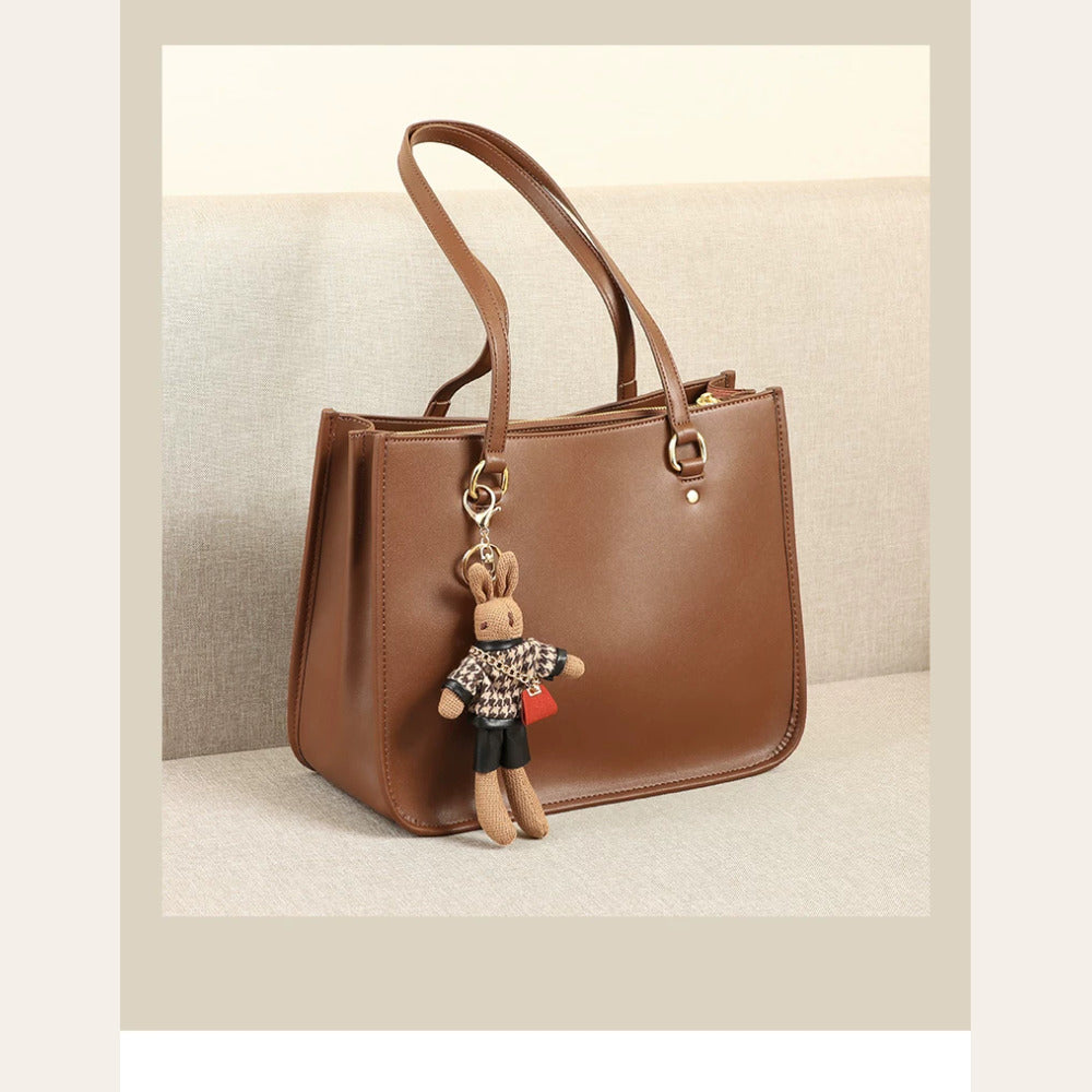 VINEY Brown Leather Structured Commuter Tote Bag in brown, front view