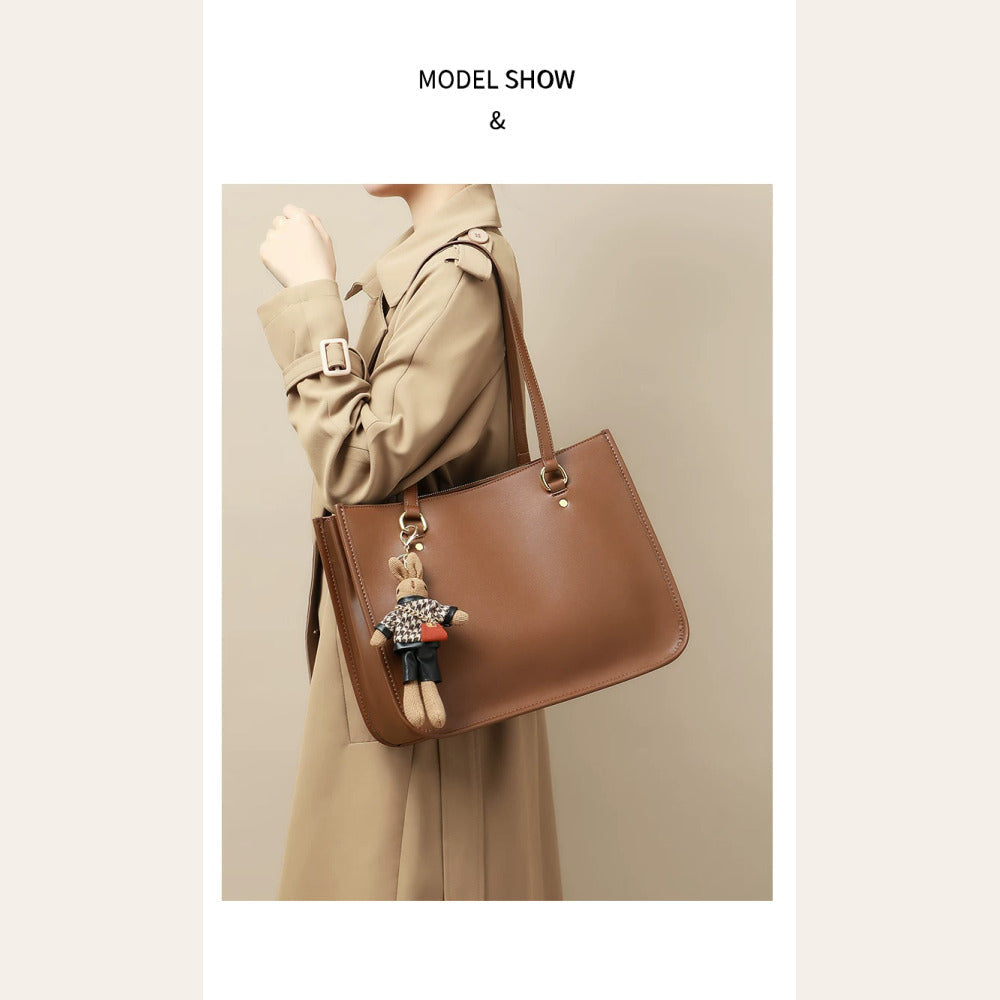 VINEY Brown Leather Structured Commuter Tote Bag in brown, shoulder carry