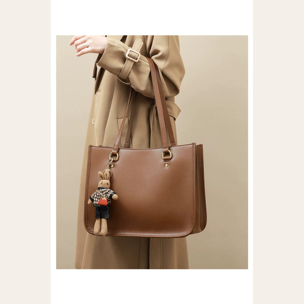 VINEY Brown Leather Structured Commuter Tote Bag in brown, hand carry