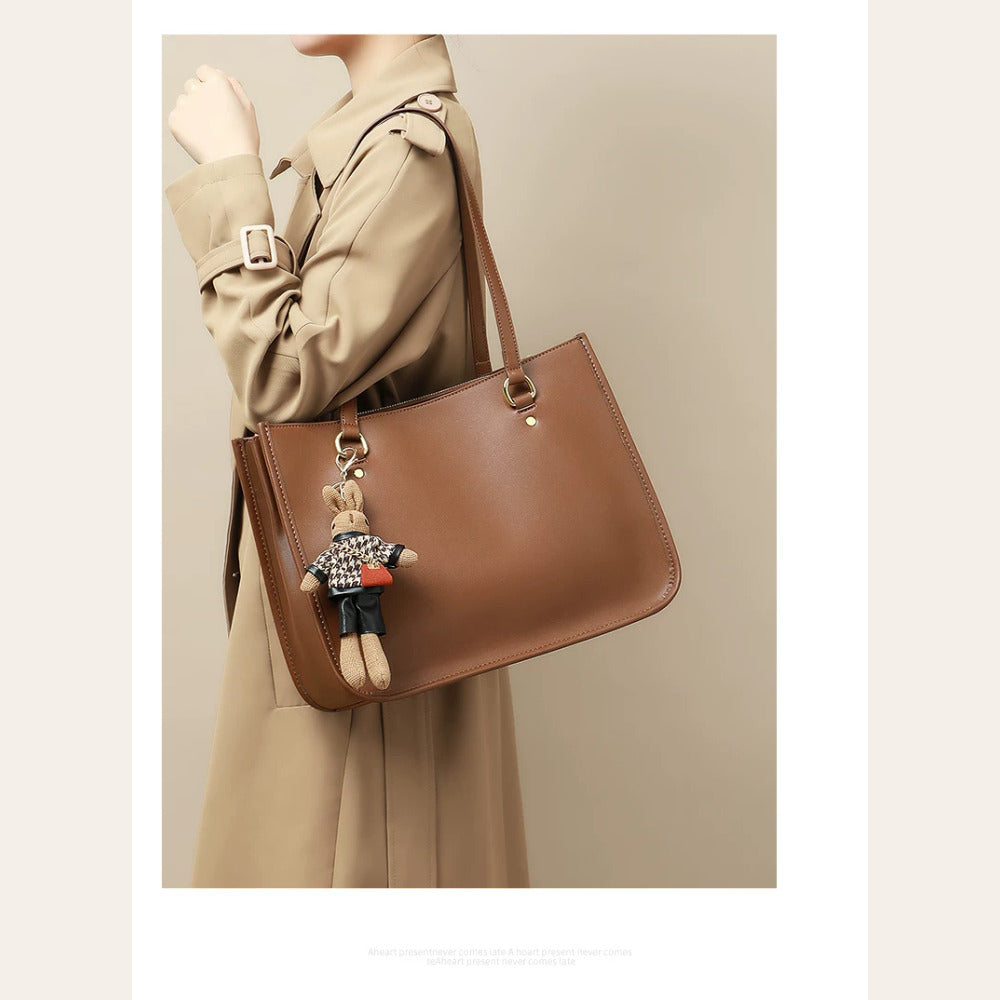 VINEY Brown Leather Structured Commuter Tote Bag in brown, model view