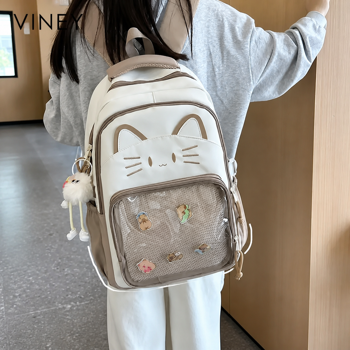 VINEY cream cat backpack lifestyle view